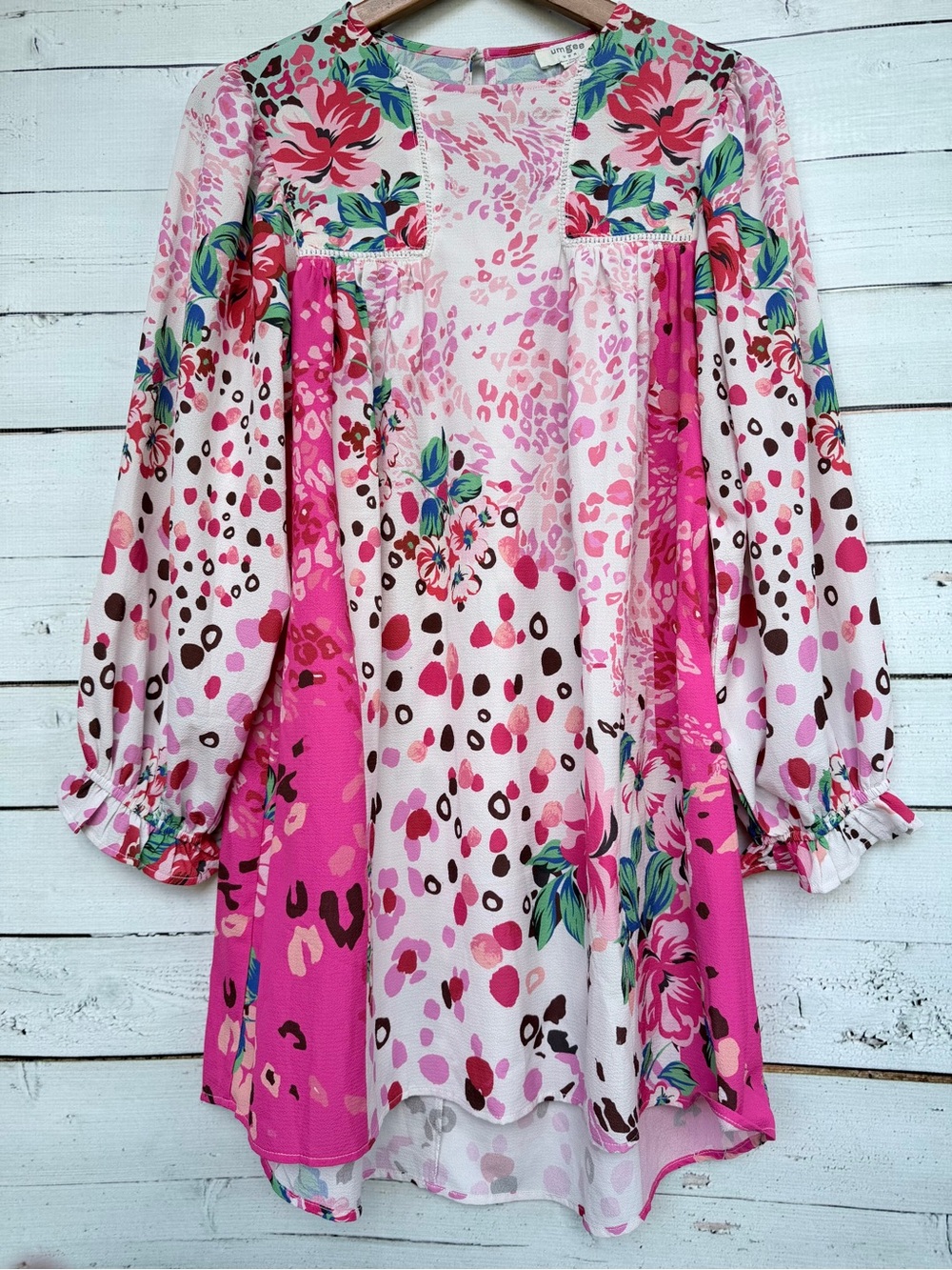 Umgee USA Mixed Floral Leopard Print Ruffle Sleeve Shift Dress Tunic Size Small